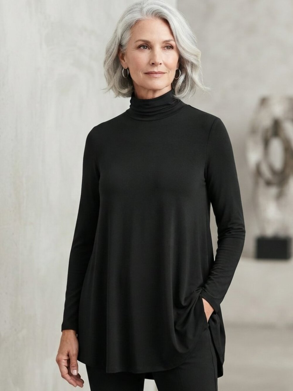 Eileen Fisher Relaxed Fit Viscose Jersey Turtleneck Tunic Black Medium